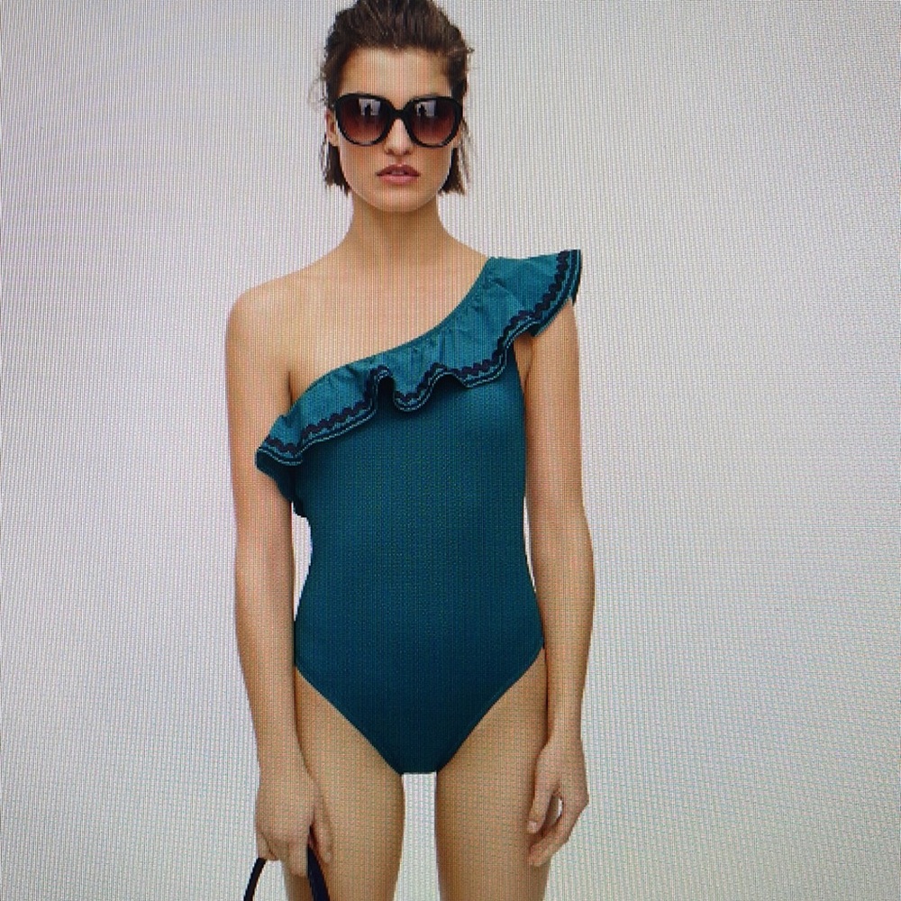 J.Crew One Shoulder Rickrack ruffle asymmetrical 1 piece swimsuit, green, 14